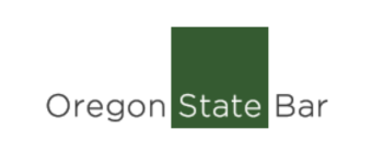Logo for Oregon State Bar with the words 'Oregon', 'State' in a green rectangle, and 'Bar'.
