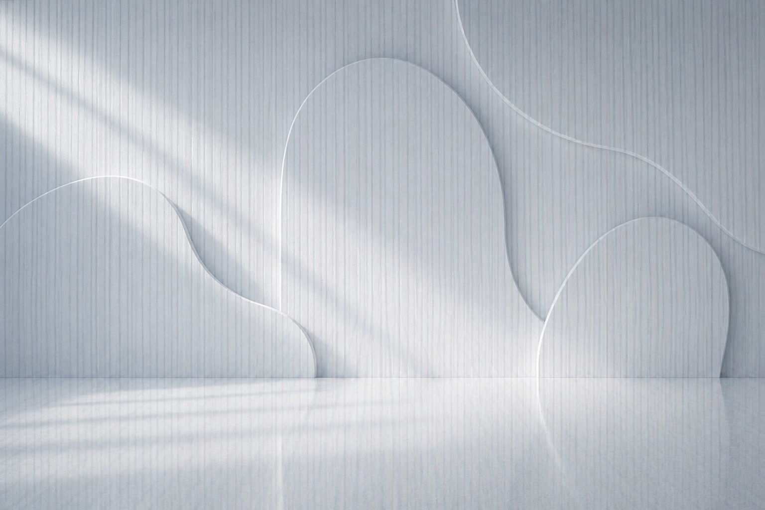 Minimalist white wall with curved white lines and subtle vertical lines, creating an abstract modern design.