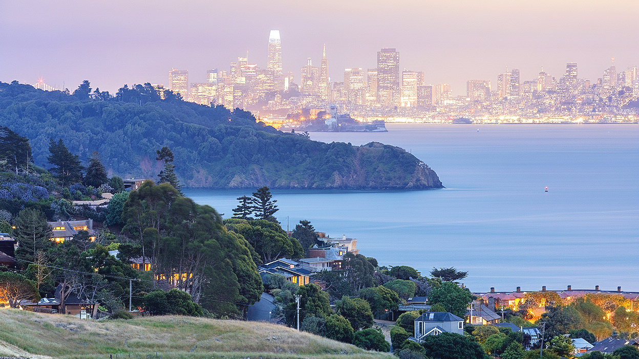 A view of a coastal city skyline in the distance with tall buildings over a lush green hillside and residential homes along the coast in the foreground.