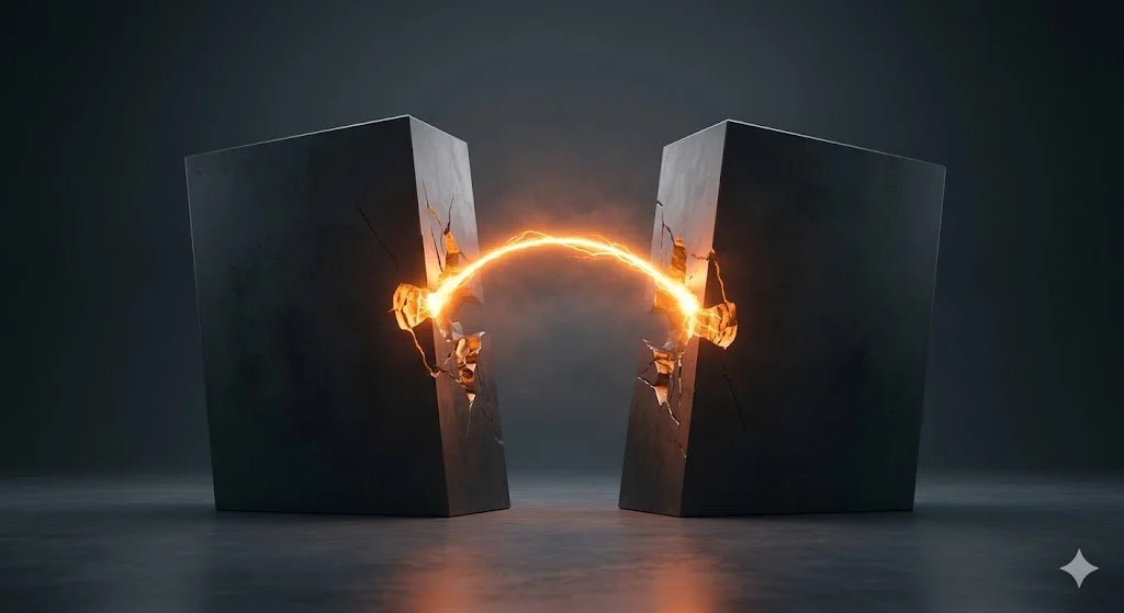 Two large, dark gray, broken blocks with a fiery, glowing crack connecting them.