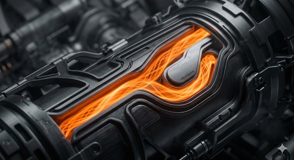 Close-up view of a futuristic, high-tech engine component with orange glowing energy flowing through it.