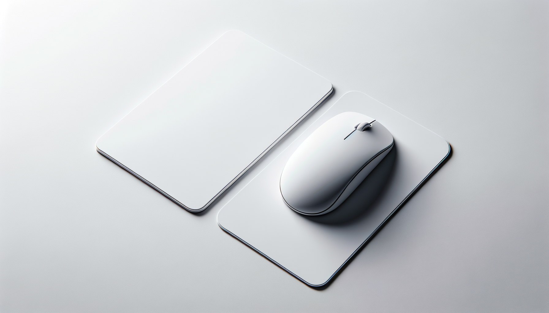 A white wireless computer mouse placed on a white rectangular mouse pad, next to a white tablet, on a white surface.