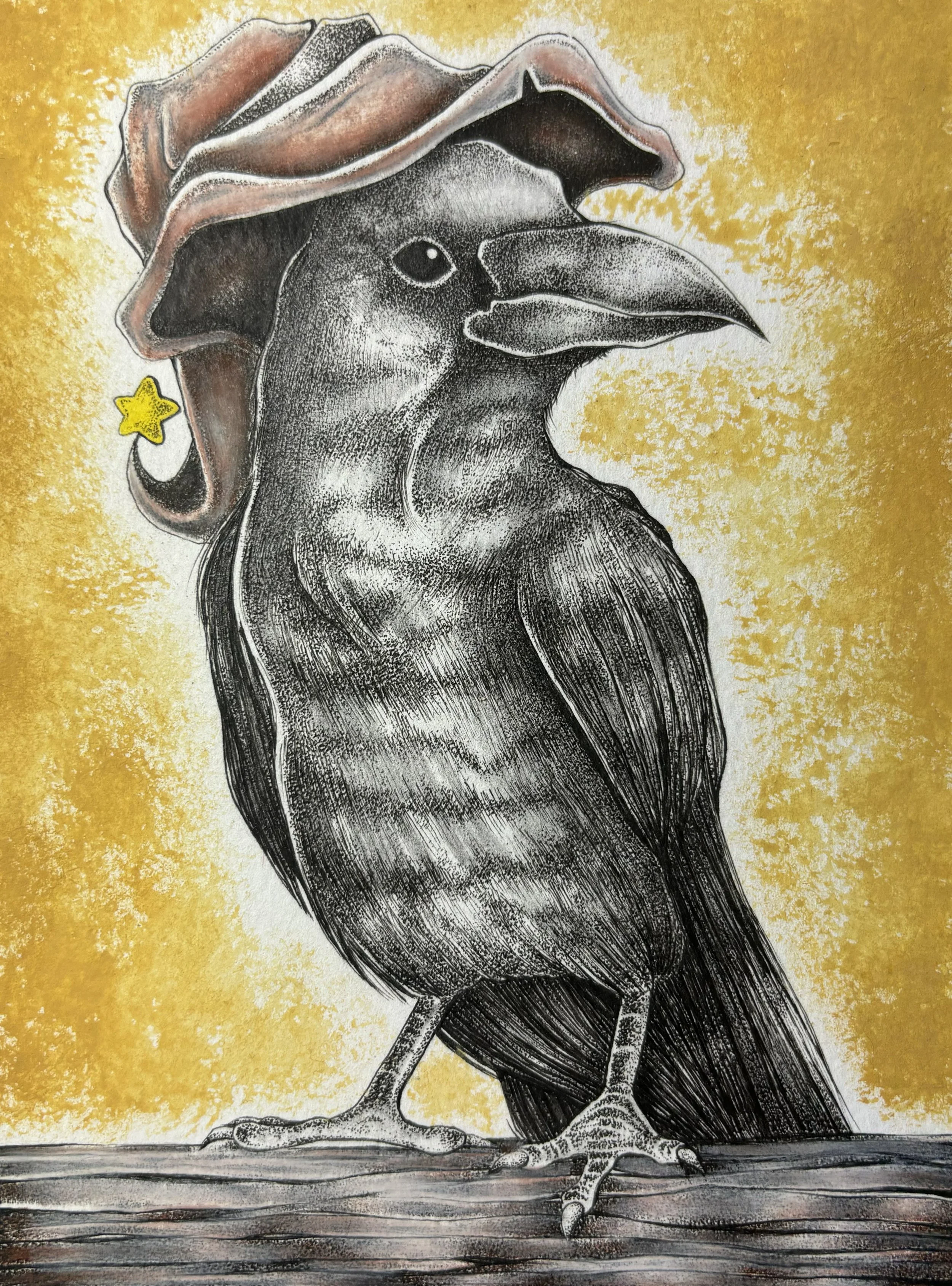 A detailed illustration of a bird with a human-like face wearing a large pink hat with brown underside and a yellow star earring, set against a textured yellow background.