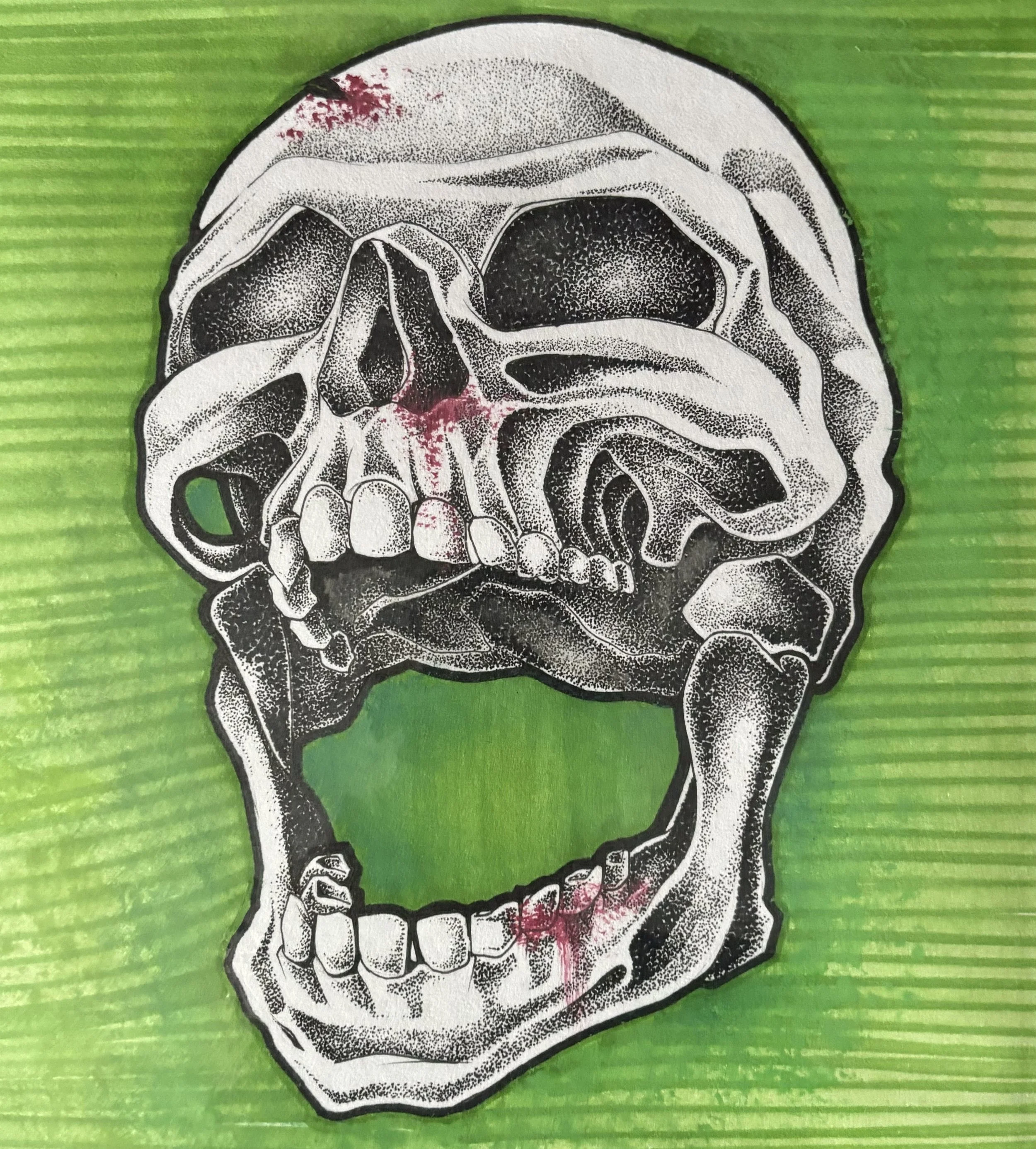 A black and white illustration of a human skull with some red accents on a bright green background.