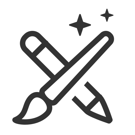 Icon of a paintbrush and a pencil crossed with sparkles