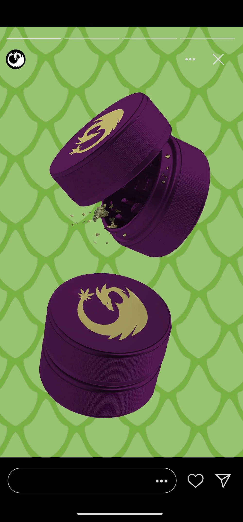 Open purple herb grinder with ground cannabis spilling out, against a green patterned background featuring a dragon logo.