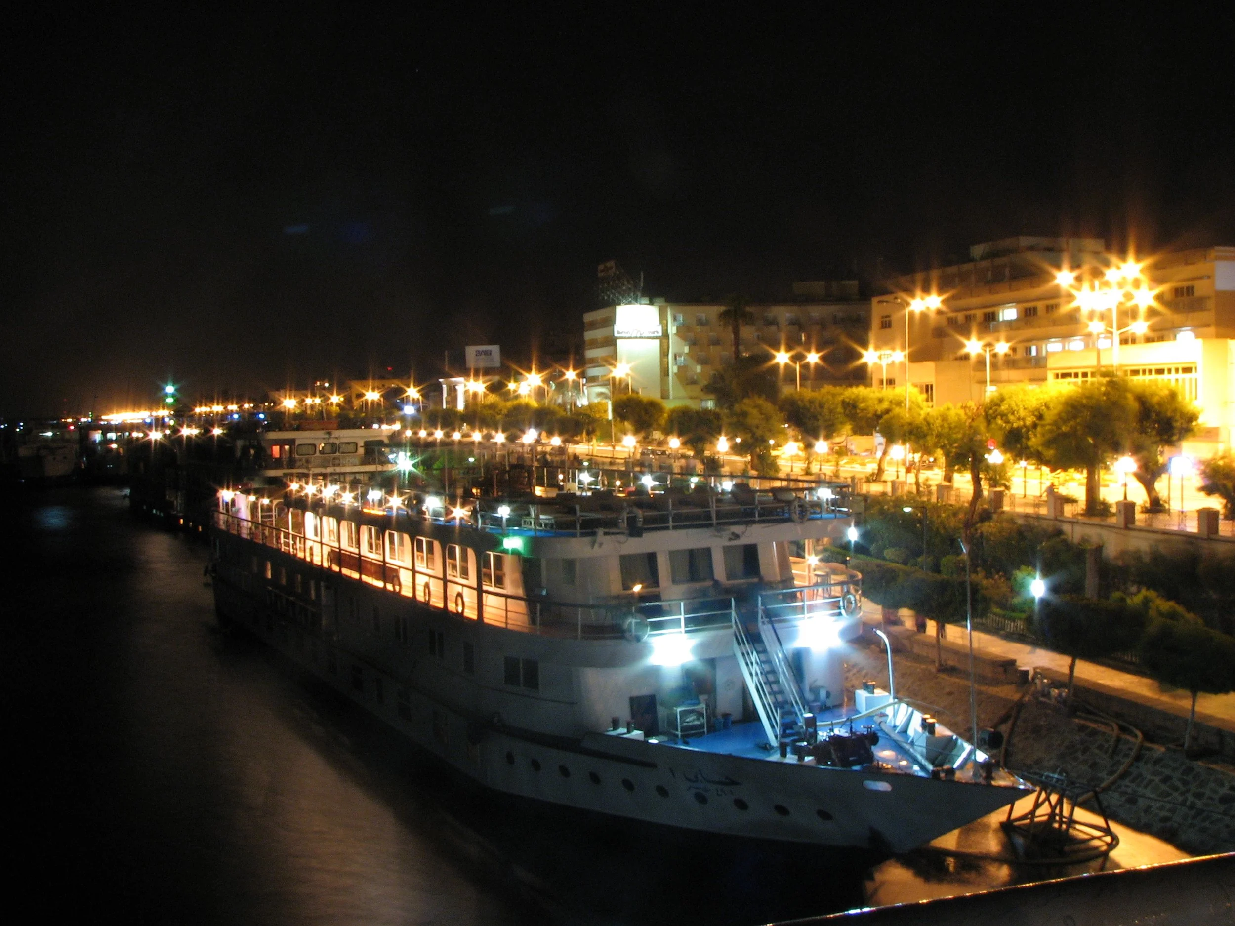 Our cruise ship at night.