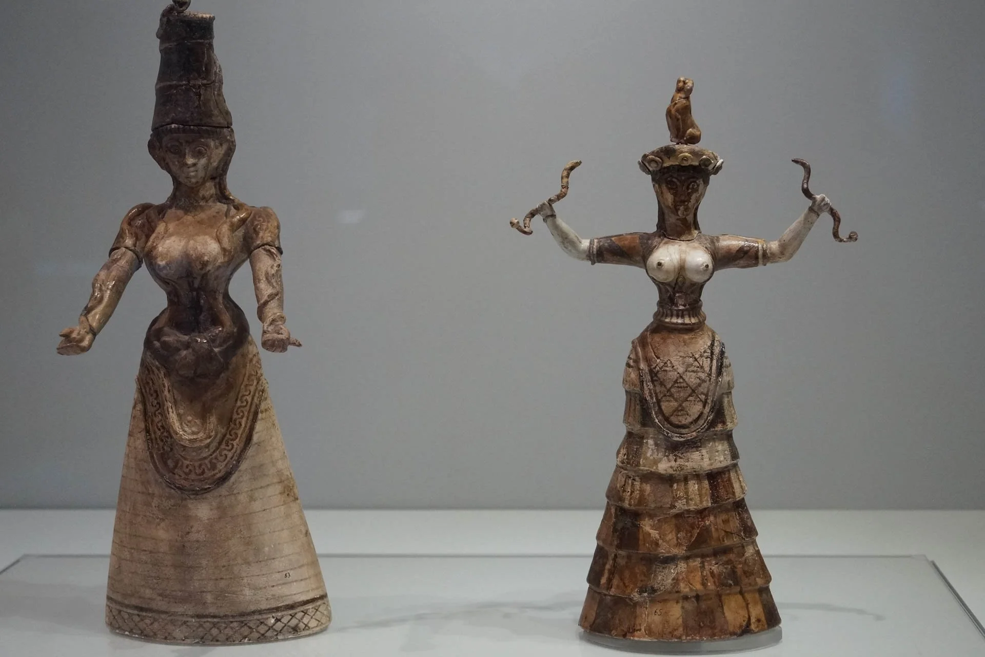 Crete - The "Snake Goddesses" at The Archeological Museum of Heraklion. I had seen these in various books about Greek History but I didn't realize how small the statues were.
