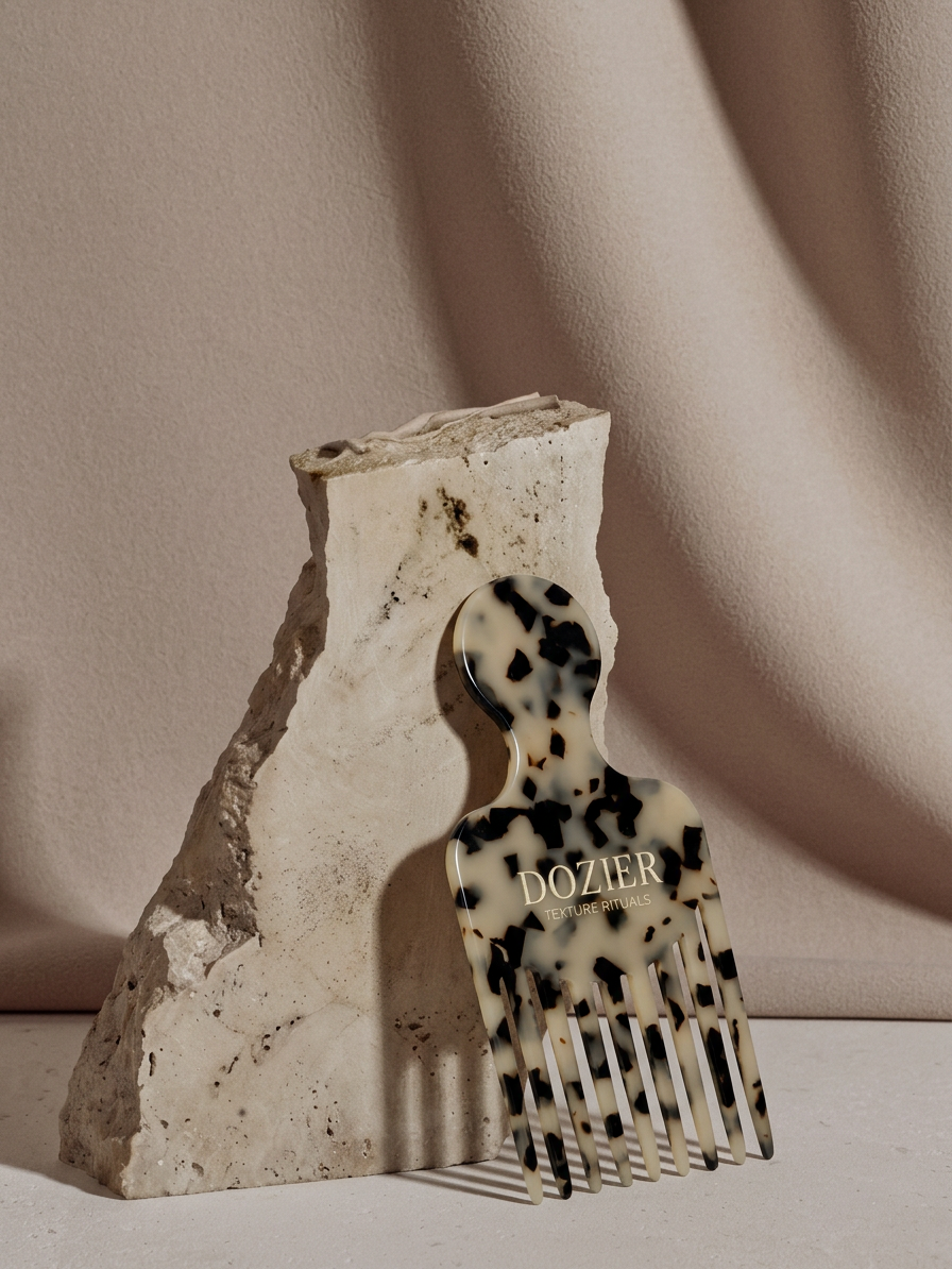 A tortoiseshell-patterned hairbrush leaning against a piece of beige, textured stone with a soft beige fabric background.