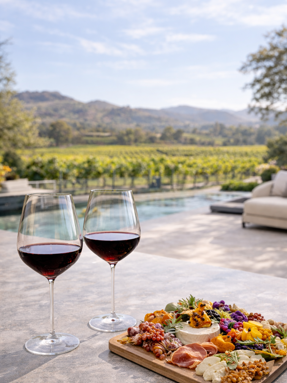 Outdoor wine tasting overlooking Napa Valley vineyards with red wine and scenic hillside views