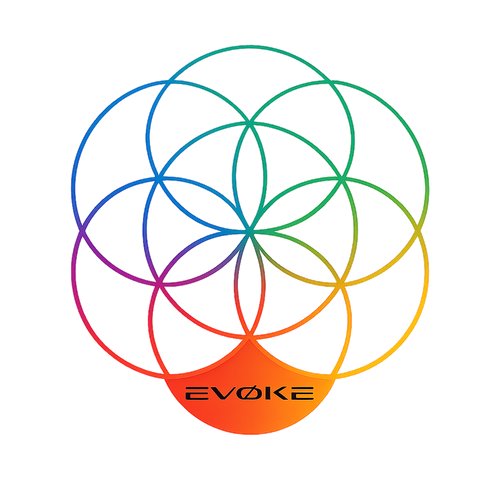 Colorful geometric design with interconnected circles, known as the seed of life, with the word 'EVOKE' at the bottom. This is the logo for the brand EVOKE, which specializes in brand development, project/artist management, curation, & sales.