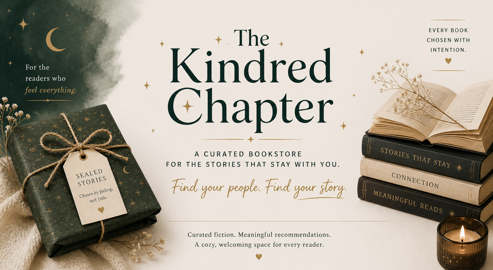 Promotional image for 'The Kindred Chapter,' a curated bookstore featuring meaningful and cozy books. The image includes a wrapped gift with a tag that says 'Sealed Stories,' an open book on top of a stack of books titled 'Stories That Stay,' 'Connection,' and 'Meaningful Reads,' along with a lit candle, dried flowers, and decorative stars and moon symbols.