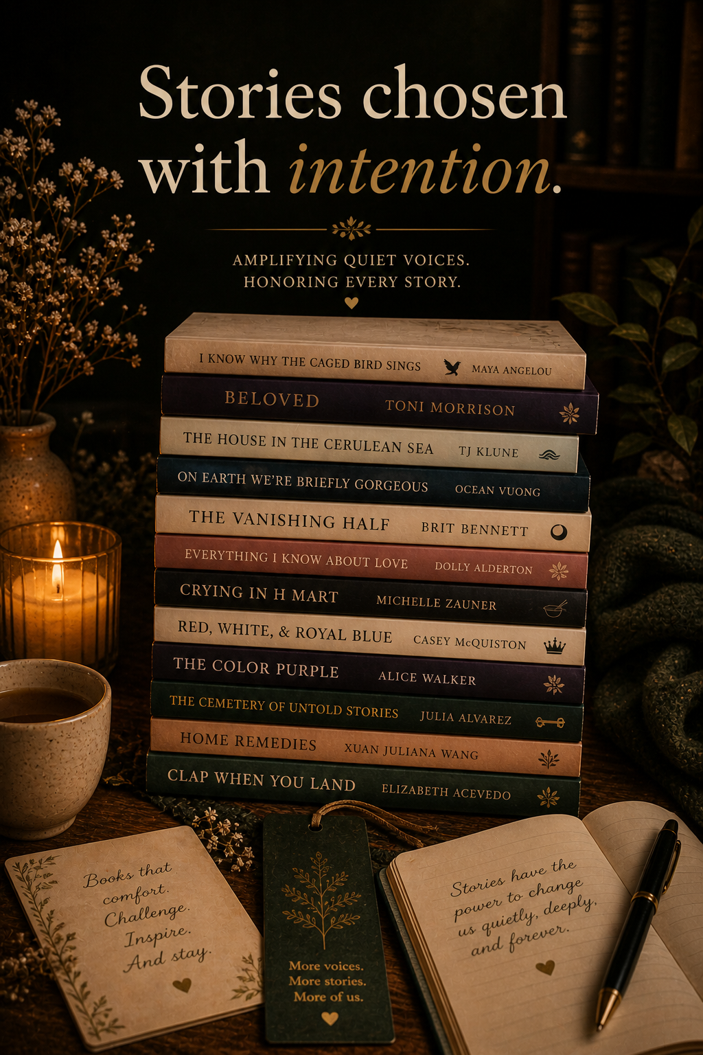 A stack of twelve different books on a wooden table surrounded by a cup of coffee, a lit candle in a glass holder, and decorative flowers and plants. There are also handwritten notes and a pen nearby, with a background of a dark wall and bookshelves.
