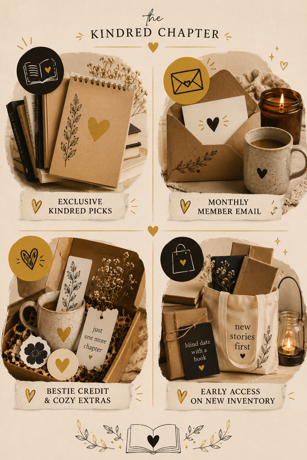 An infographic titled 'The Kindred Chapter' with four sections, featuring items such as notebooks, a mug, an envelope, a gift box, and a tote bag, each labeled with different benefits like exclusive picks, monthly emails, cozy extras, and early access.