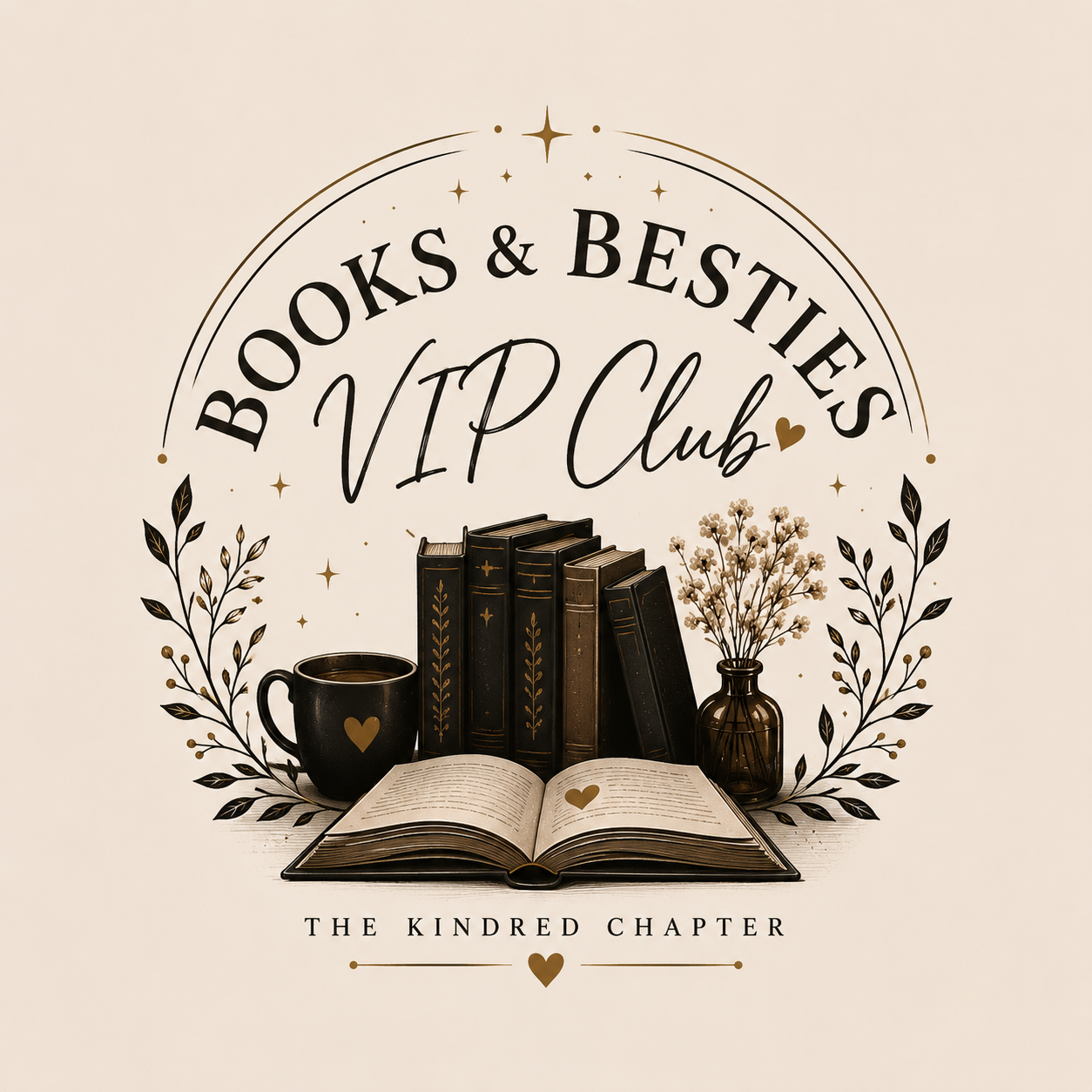 Decorative sign featuring books, a coffee mug, a vase with flowers, and an open book with a heart, promoting a VIP club for books and besties.