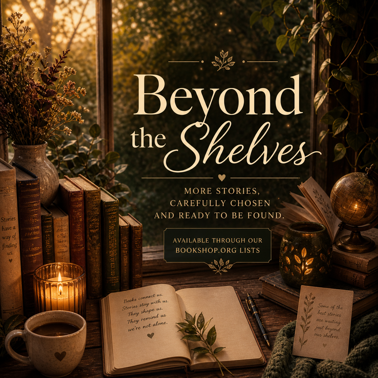 A cozy, warm-toned scene with books, a lit candle, a mug of coffee, a small globe, and decorative items on a wooden desk or table, with sunlight streaming through a window and lush greenery outside.
