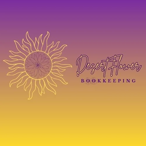 A logo with a stylized sun design on the left, featuring wavy rays and a flower pattern in the center, against a gradient background of purple, pink, and yellow. To the right, the text reads "Desert Flower" in cursive, with "BOOKKEEPING" in uppercase letters below.