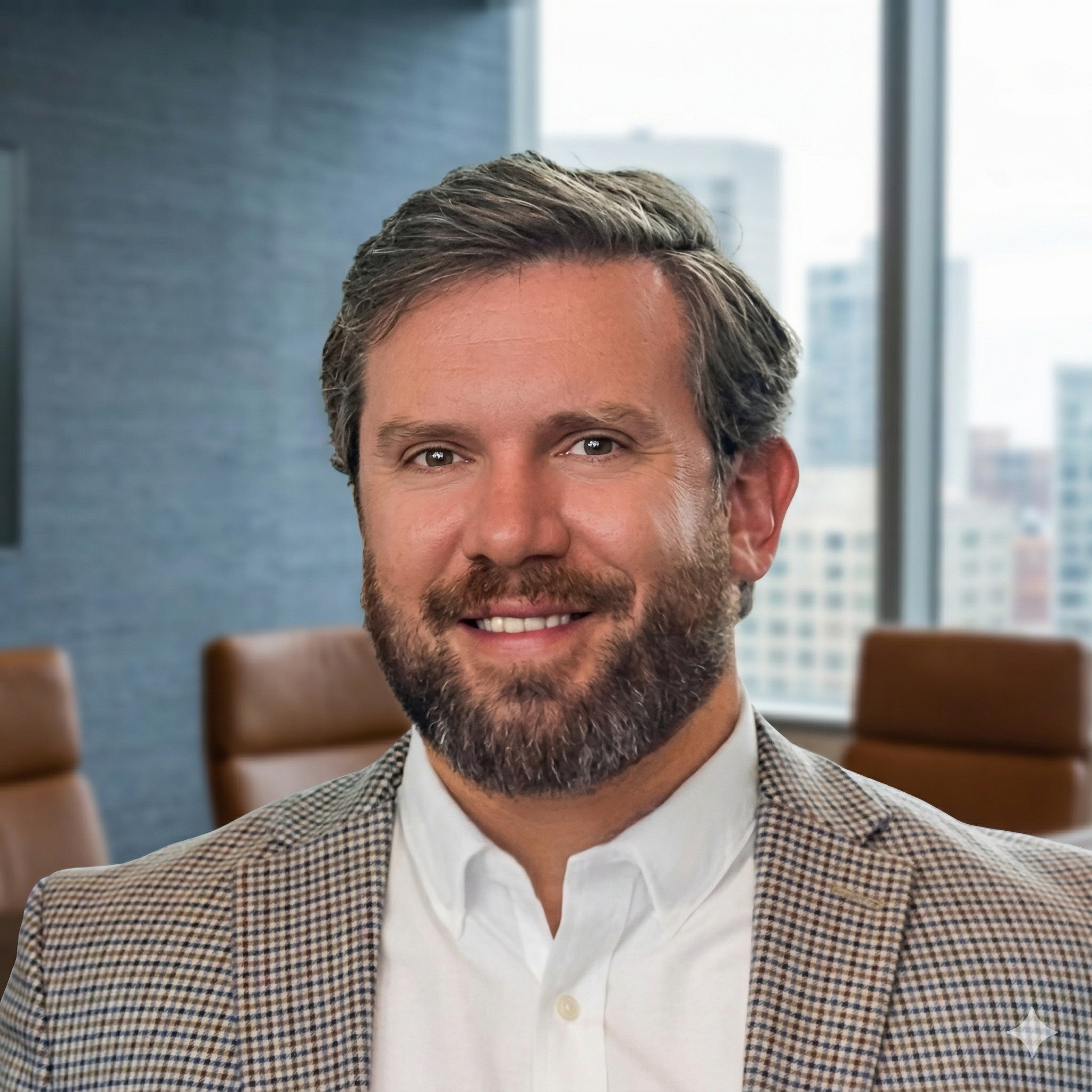 Portrait of a smiling man with a beard and graying hair wearing a checkered blazer and white shirt, sitting in a modern office with large windows and city view.