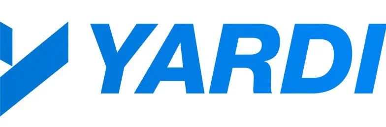 Part of a YARDI logo with a blue checkmark and the word 'YARDI' in bold blue letters.