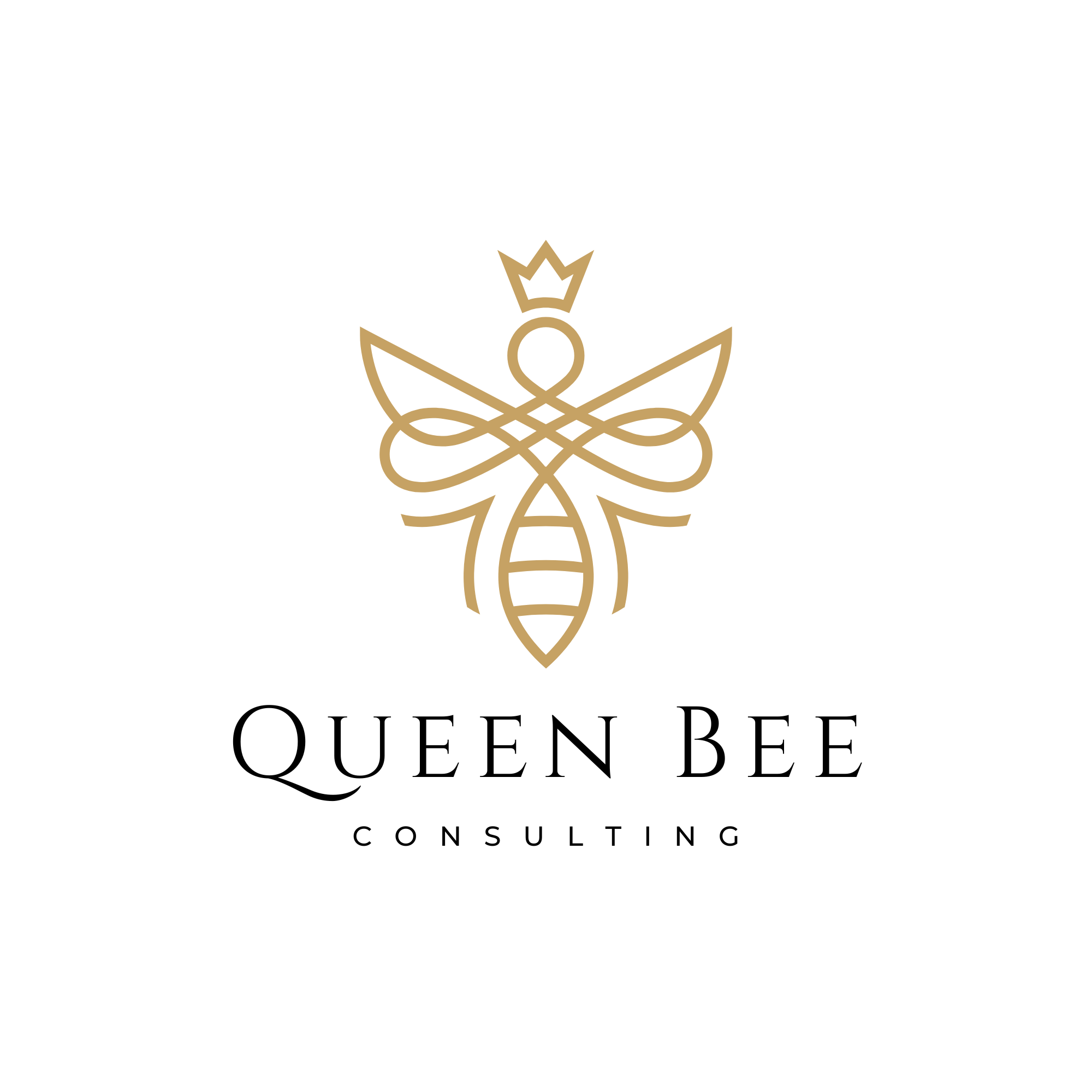 Gold outline of a bee with a crown on its head above the text 'Queen Bee Consulting' in black.