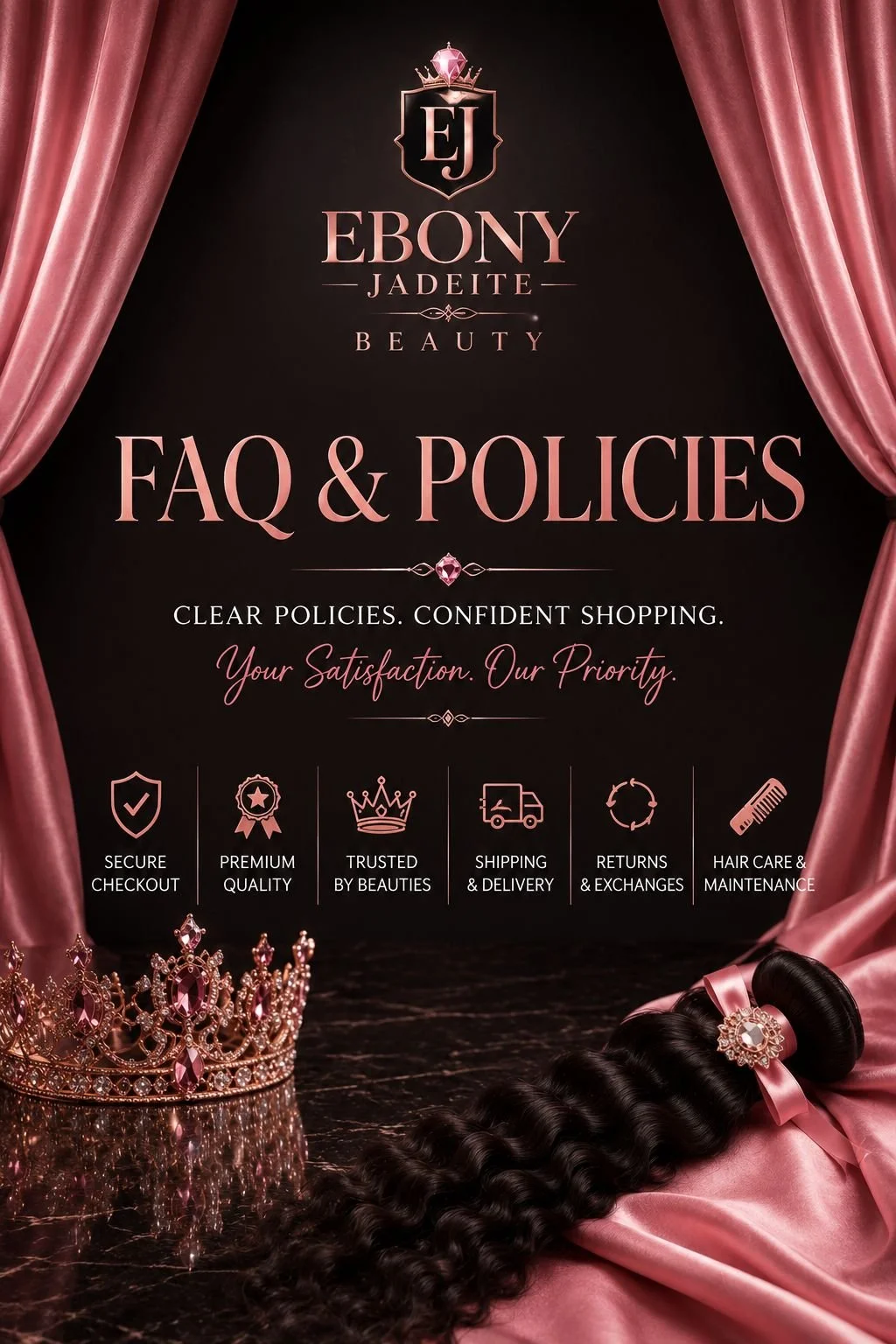 Beauty FAQ and policies poster with pink curtains, crown, hair bundle, and jewelry on a black marble surface, promoting a brand called Ebony Jadeite Beauty.