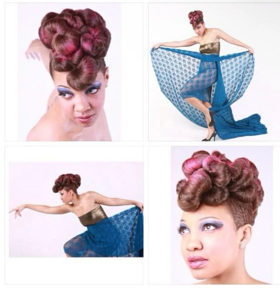 Collage of four photos showing a woman with pink and brown styled hair, wearing makeup, and dressed in a strapless top and a long blue skirt. She is striking various poses.