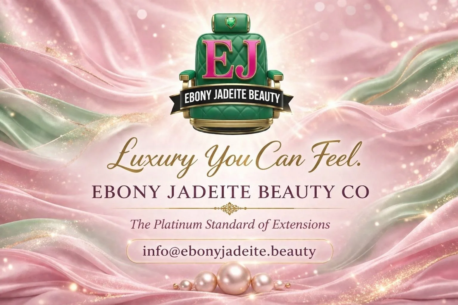 Business card for Ebony Jadeite Beauty Co featuring a pink and green background with pearls and a green salon chair logo. Text includes: 'Luxury You Can Feel,' 'Ebony Jadeite Beauty Co,' 'The Platinum Standard of Extensions,' and contact email info@ebonyjadeite.beauty.