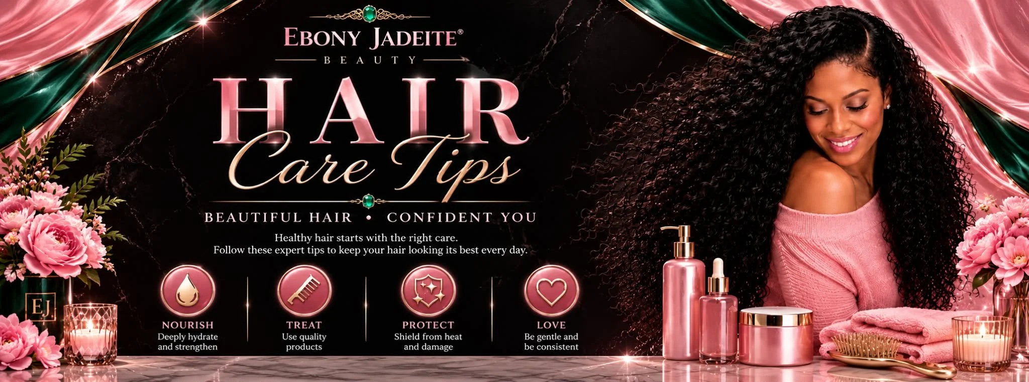 A beauty advertisement for Ebony Jadeite hair care tips featuring a smiling woman with long, curly black hair, pink flowers, and various hair care products on a marble surface, with a black background and pink accents.