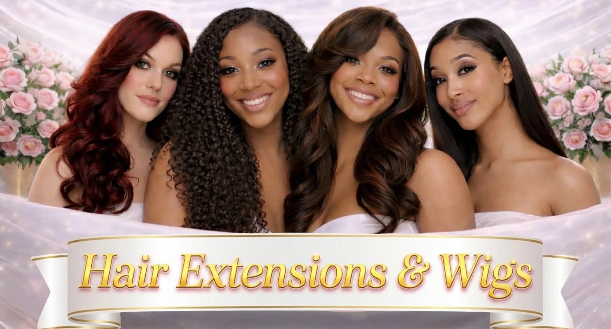 Four women with different hair styles smiling in front of pink roses with a banner that reads, 'Hair Extensions & Wigs'.