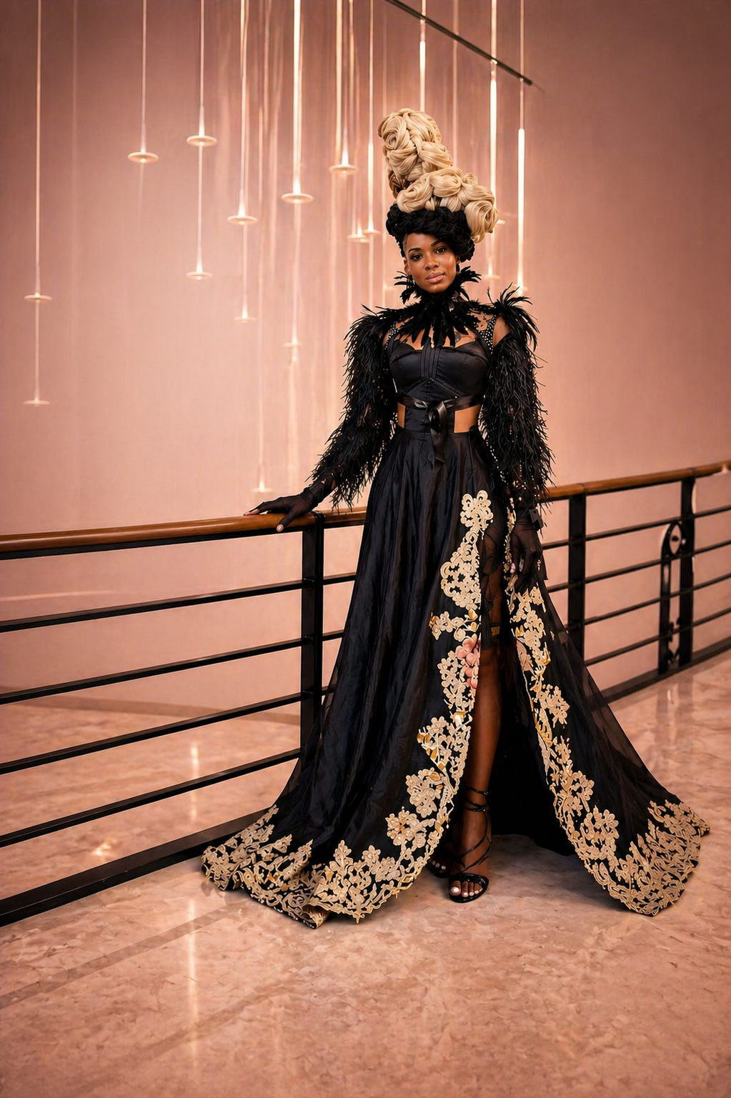 A woman wearing an elaborate black and gold dress with intricate embroidery, standing in front of a modern, stylish background with hanging lights