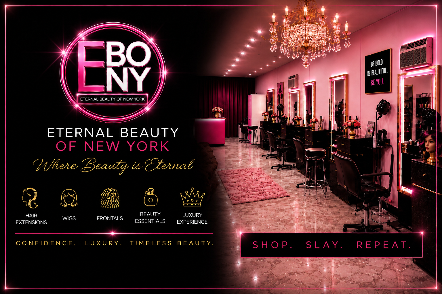 Neon-lit beauty salon with pink and black decor, vanity mirrors, styling chairs, and beauty products, promoting a luxury hair and makeup experience in New York.