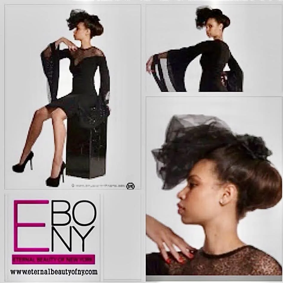 Fashion advertisement featuring a woman with an elaborate hairstyle and black lace clothing, shown in three poses with a logo for 'Eternal Beauty of New York' and website link.