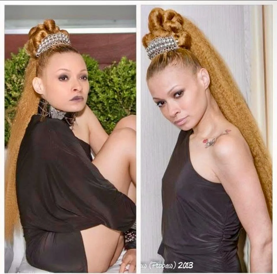 Side-by-side comparison of a woman with styled long, curly, reddish-brown hair in an elegant updo with a tiara, wearing a black outfit. The left photo shows her sitting outdoors, looking serious, with her knees up. The right photo shows her standing 