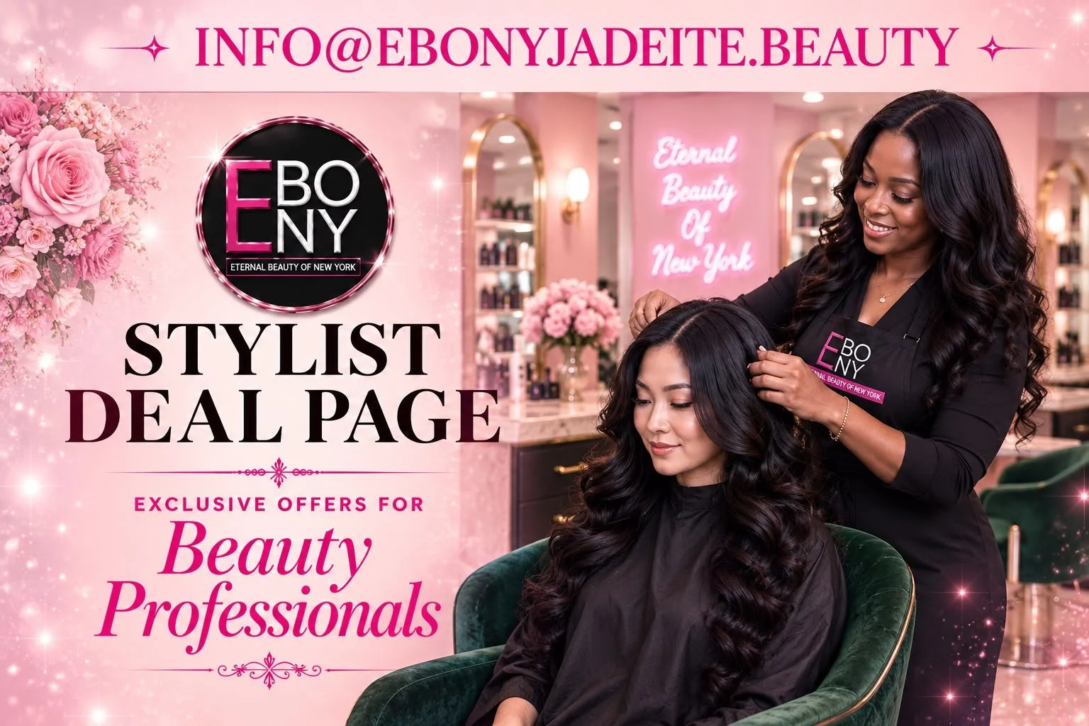 A beauty salon with a stylist working on a female client with long dark hair, pink flowers, and neon signs in the background. Promotional text for a salon's stylist deal page and offers for beauty professionals.