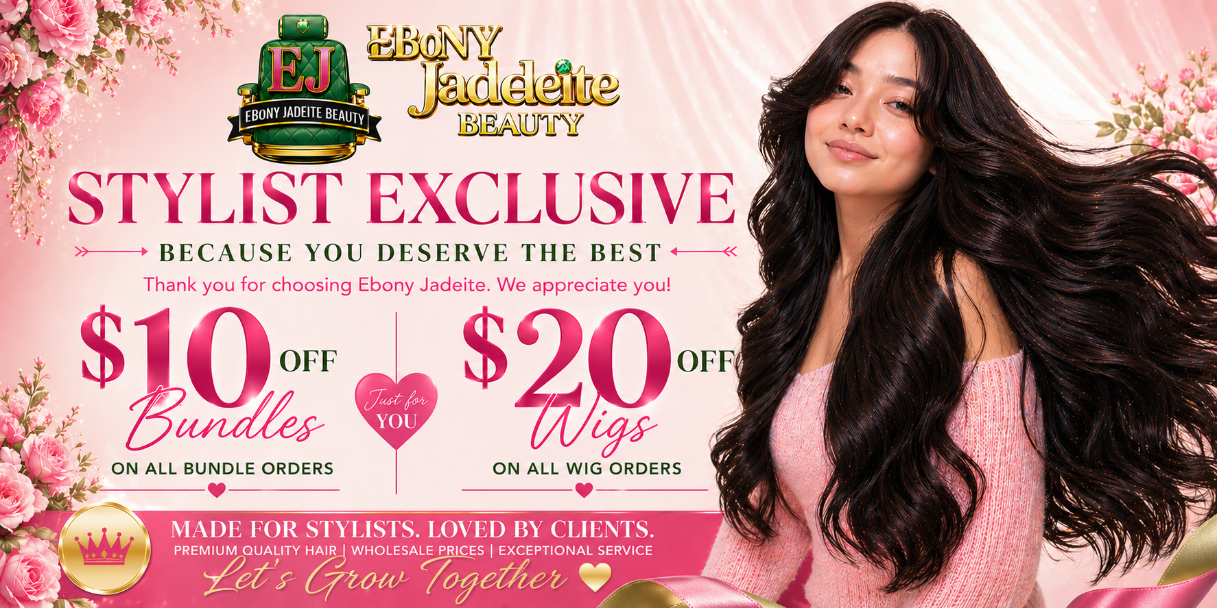 A promotional flyer for Ebony Jadeite Beauty advertising discounts on bundles and wigs, featuring a woman with long, curly black hair and pink floral decorations.