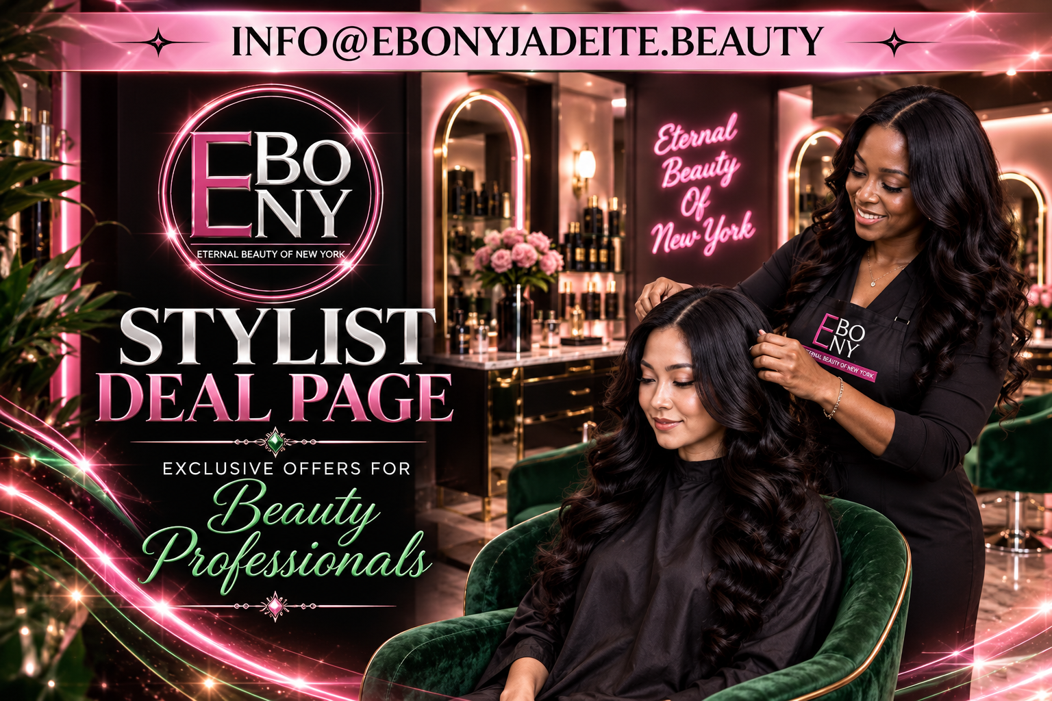 A hairstylist is working on a woman with long, curly black hair inside a beauty salon decorated with pink neon signs and shelves of beauty products. The salon has a luxurious and elegant ambiance.
