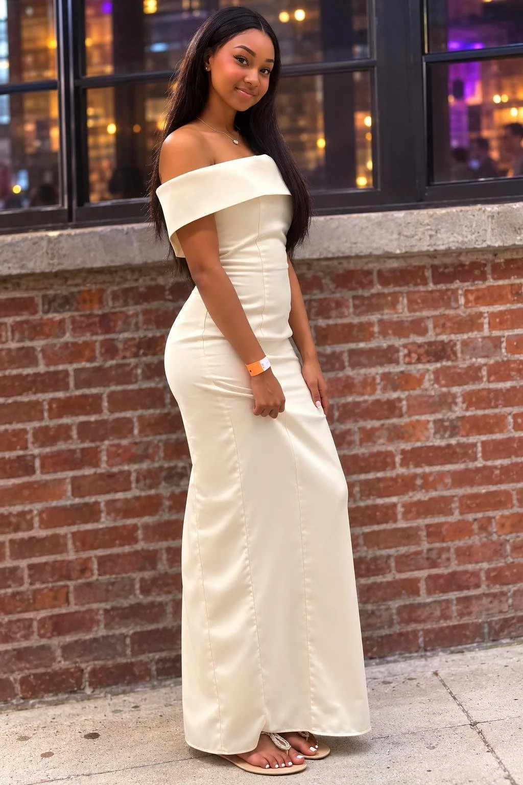 A young woman with long dark hair in a cream-colored off-the-shoulder dress standing against a brick wall and large window with city lights in the background.