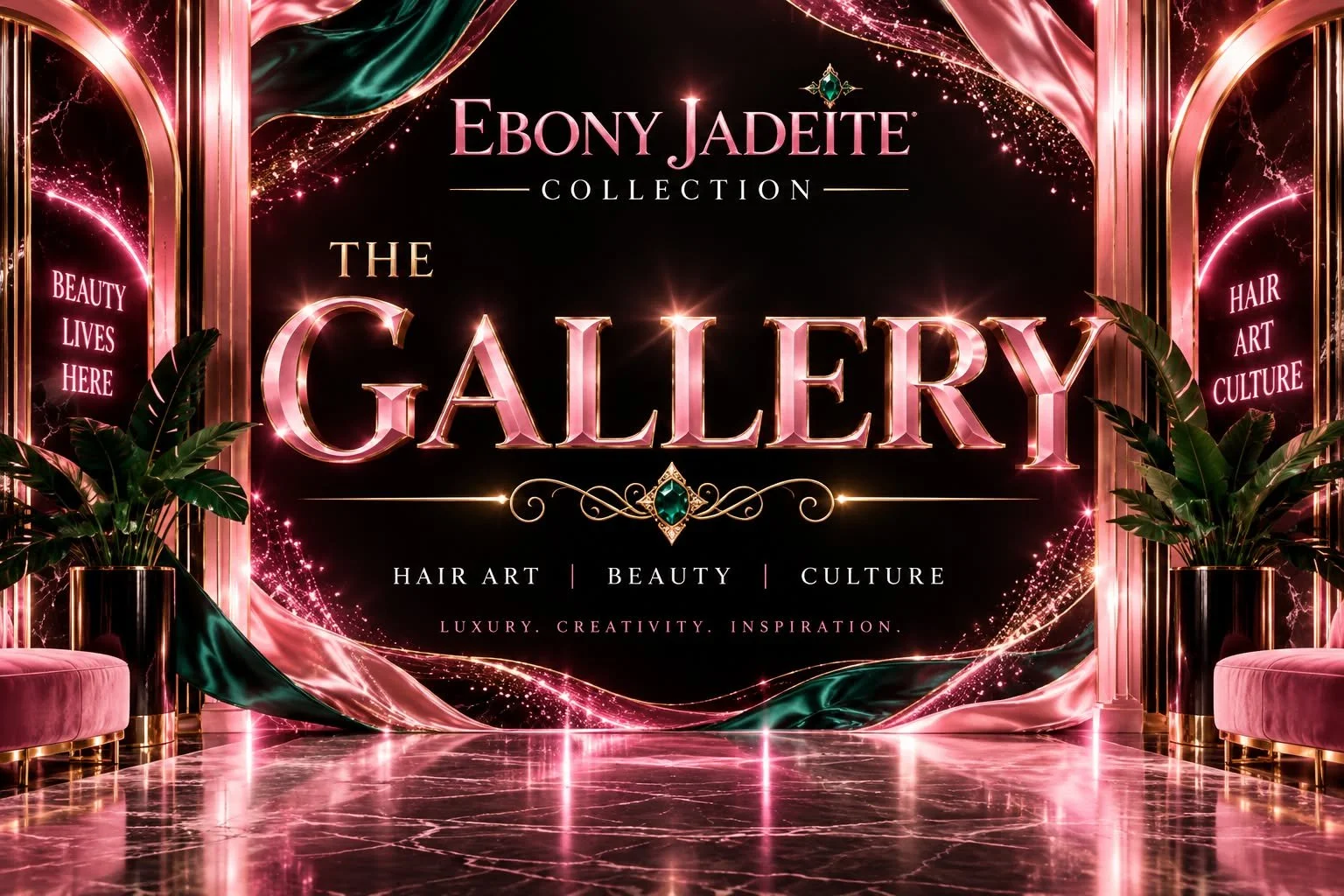 Elegant display for the Ebony Jadeite Collection, featuring a lavish backdrop with pink and green drapes, pink velvet benches, and lush green plants. The central sign reads 'The Gallery' with the words 'Beauty Lives Here' and 'Hair Art Culture' on side signs, highlighting themes of hair art, beauty, and culture with a luxurious, sparkling design.
