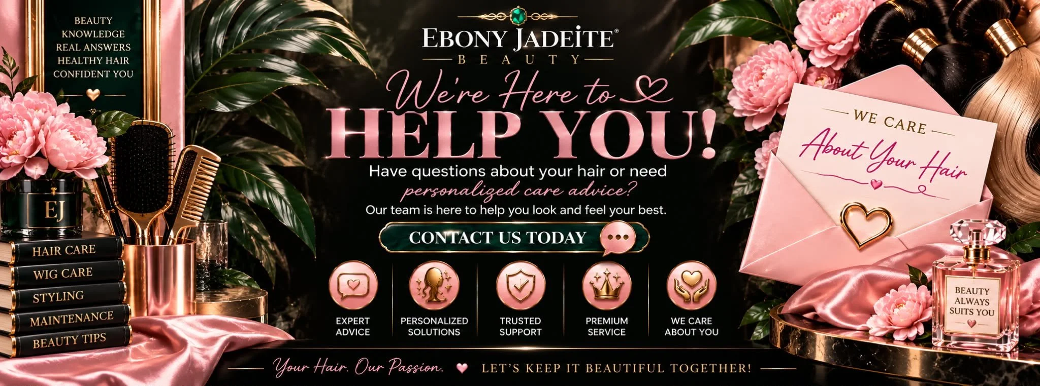 Advertisement for Ebony Jadeite Beauty featuring hair care products, flowers, brushes, and perfume bottles, with text offering personalized hair care advice and contact information.