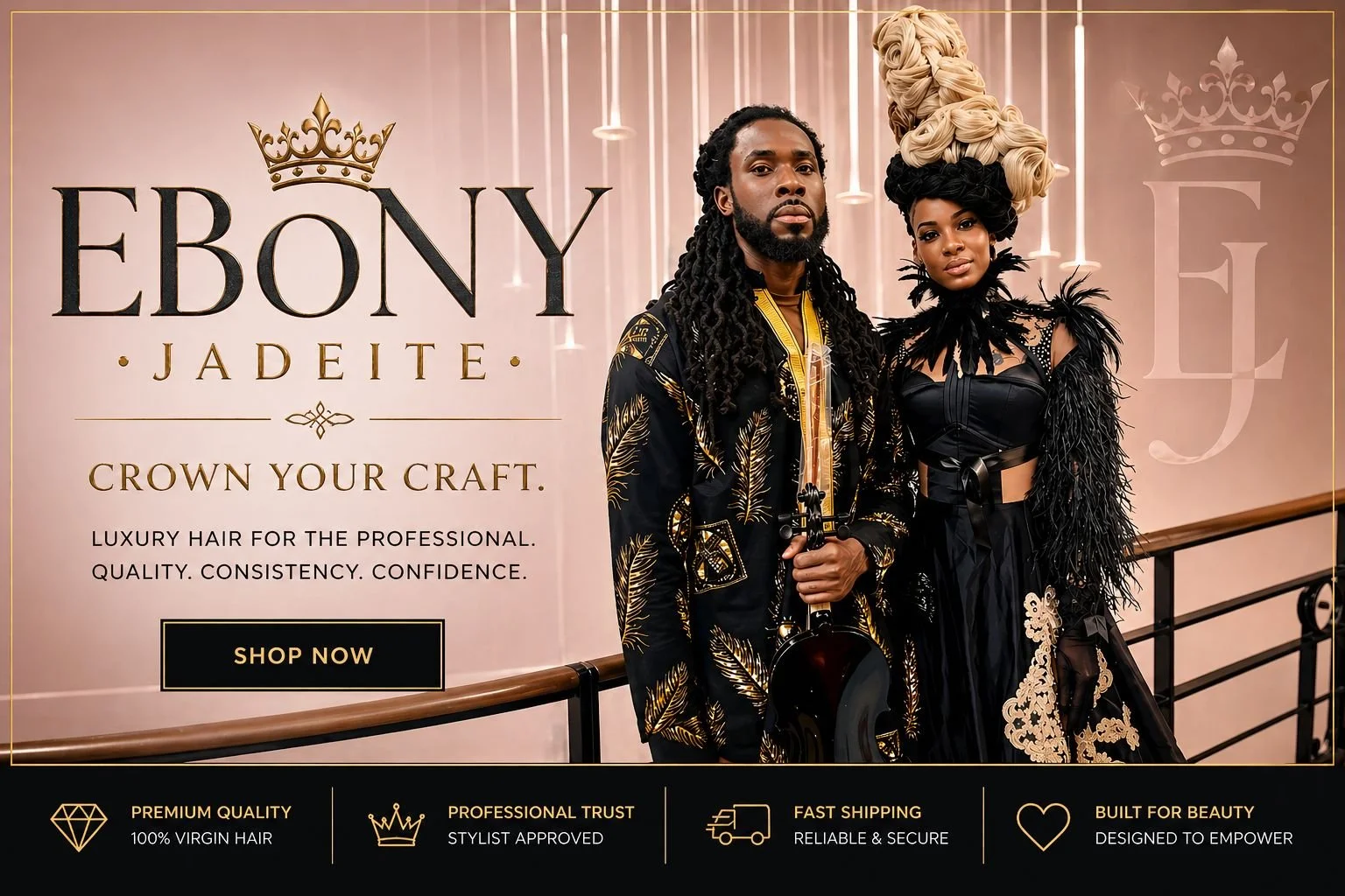 Advertisement for Ebony Jadeite luxury hair products featuring a man and woman dressed in black and gold fashion, standing near a railing with a backdrop of a soft pink or beige wall with hanging lights and a logo that reads Ebony Jadeite.