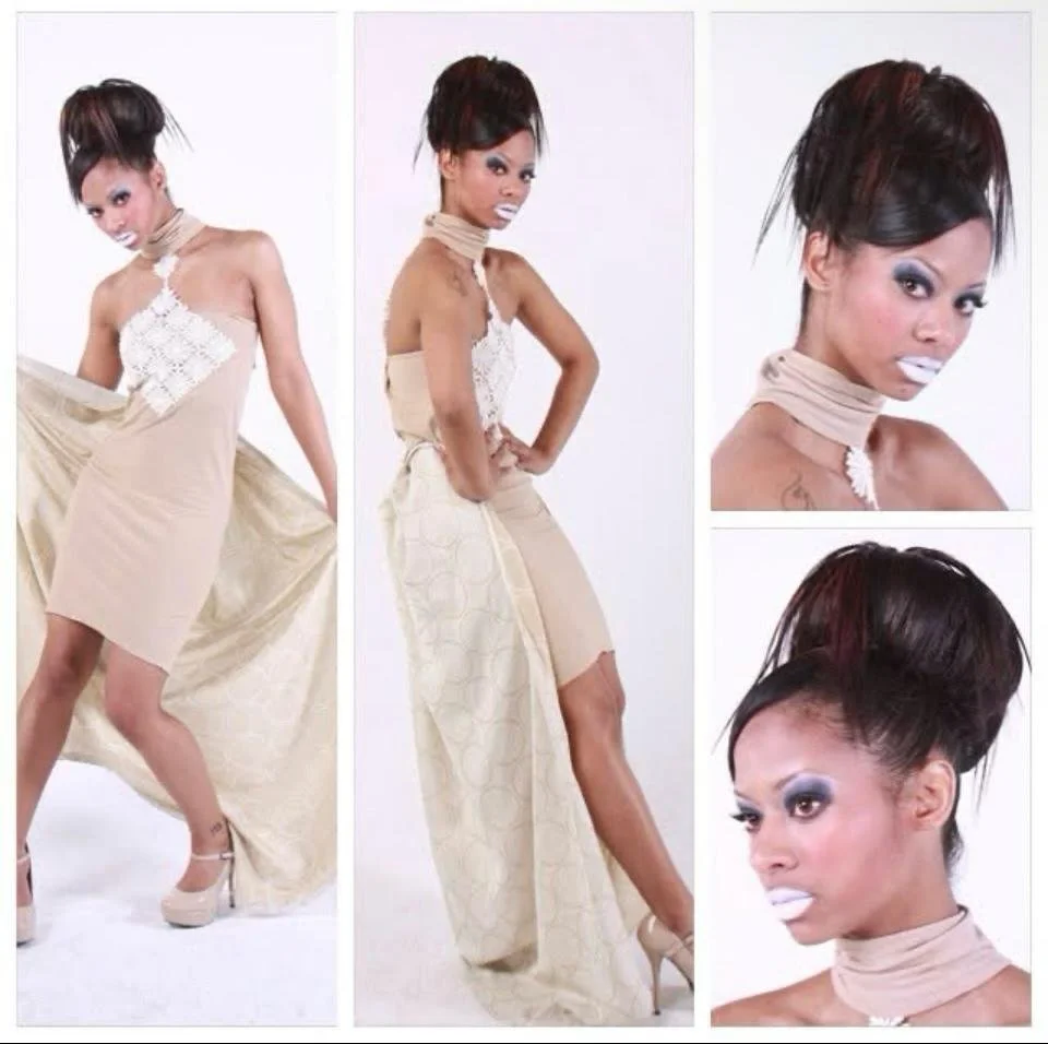 A collage of four pictures of a woman with dark hair styled in an updo, wearing a beige dress with white lace details, a matching choker, and high heels. The photos showcase different poses against a white background.