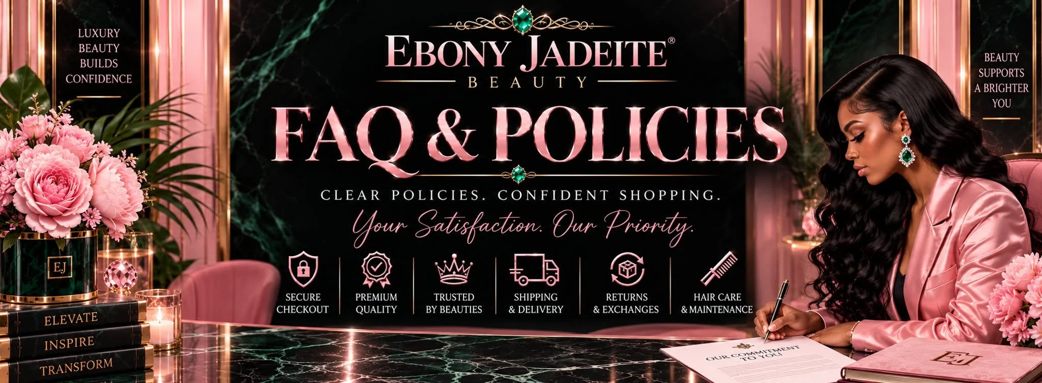 Advertisement for Ebony Jadeite Beauty's FAQ & Policies, featuring a woman with long black curly hair in pink blazer, sitting at a desk with pink flowers and candles, offering information on checkout, quality, shipping, returns, and hair care policies.