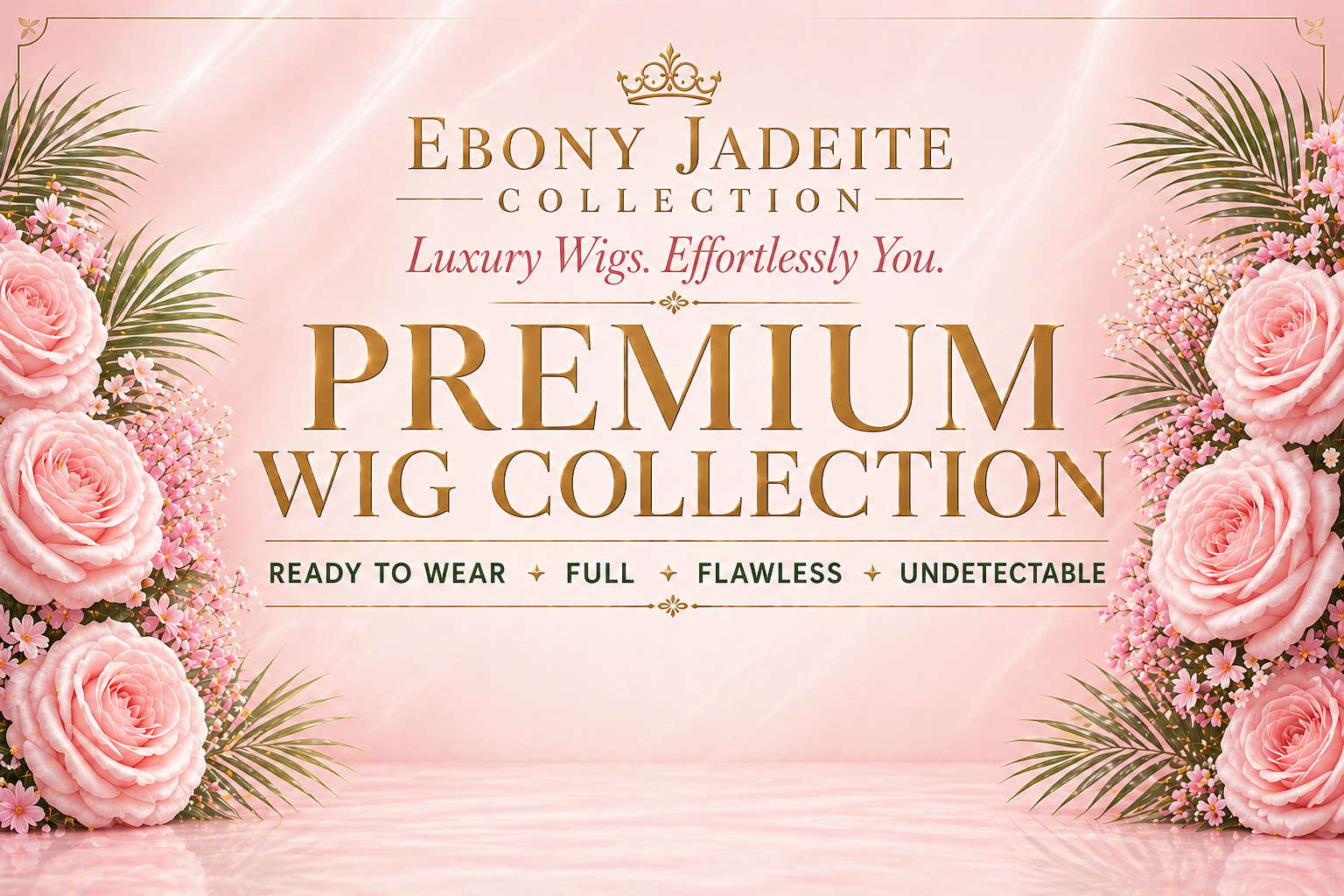 Pink background with floral decorations of pink roses, small pink flowers, and green palm fronds on the sides. Text promoting Ebony Jadeite's luxury wig collection, highlighting the premium quality and features.