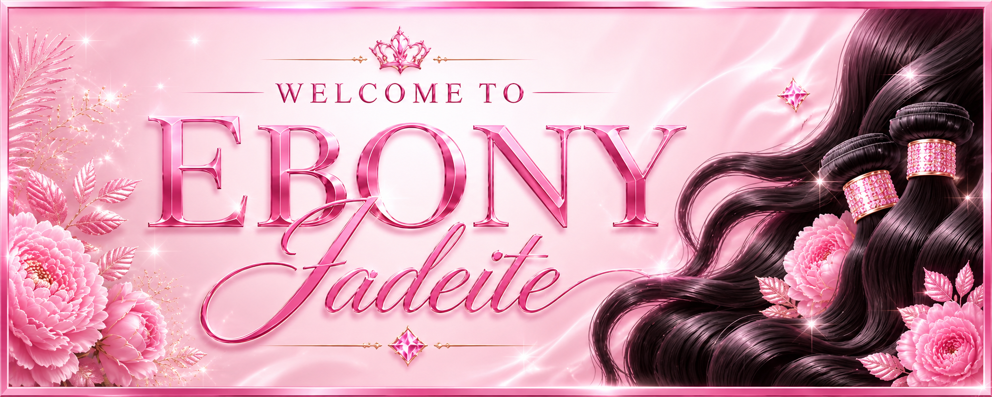 Pink themed promotional graphic for an event featuring hair extensions, pink flowers, gems, and a crown, with the text "Welcome to Ebony Jadette."
