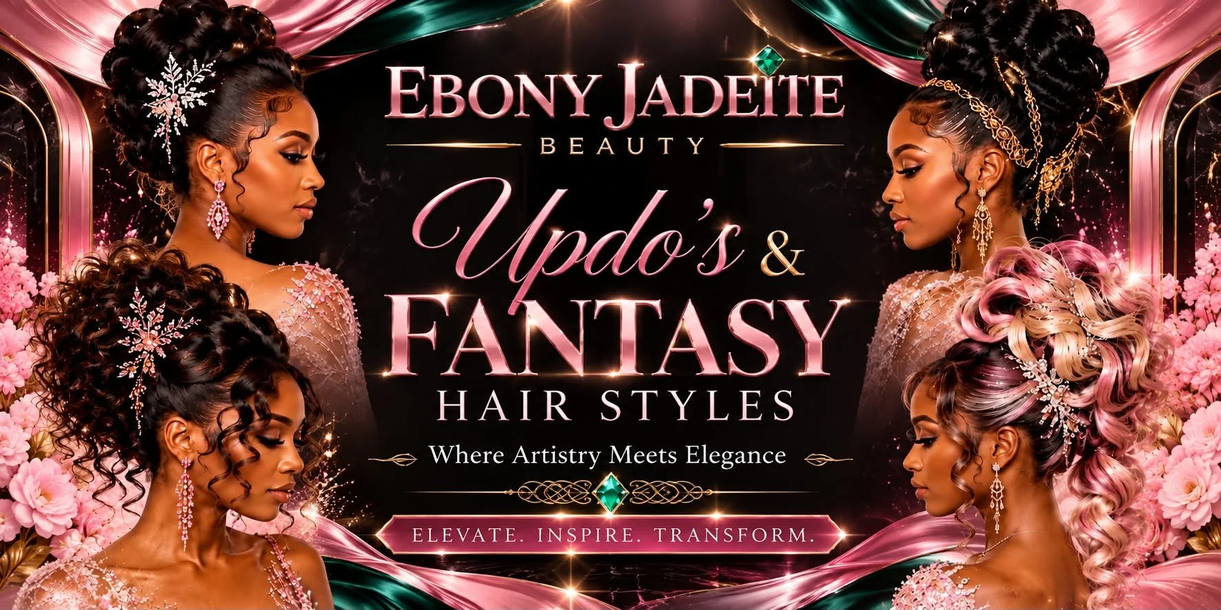 An advertisement for Ebony Jadeite Beauty showcasing different hair styles called Updo's & Fantasy Hair Styles. The ad features four women with elaborate updo hairstyles decorated with jewelry and flowers, set against a pink and black background with floral accents and golden embellishments. The slogan 'Where Artistry Meets Elegance' and the tagline 'Elevate. Inspire. Transform.' are also included.