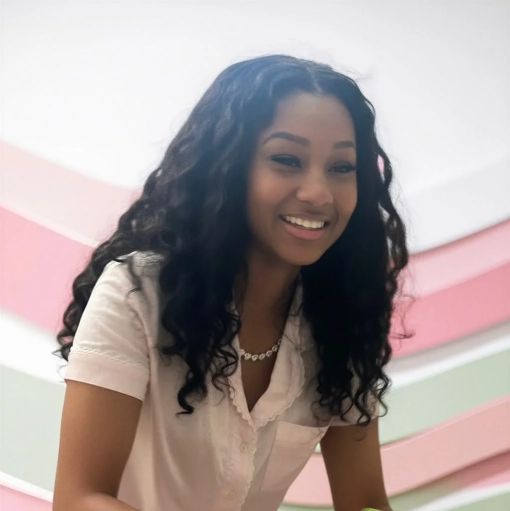 A woman with long, curly black hair smiling and leaning forward, wearing a light pink short-sleeve shirt and a necklace, in front of a colorful pink, white, and green background.