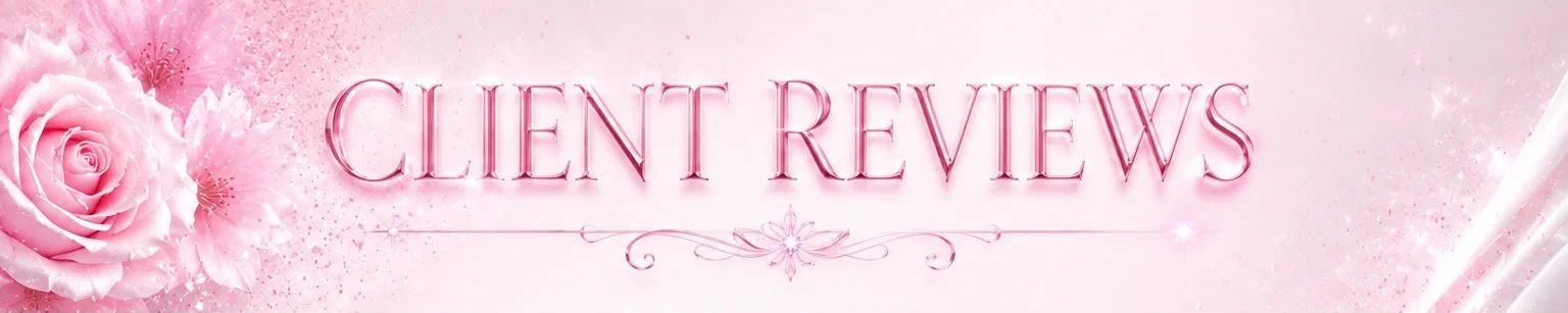 Pink banner with the text 'Client Reviews' and a decorative pink rose on the left side, with a sparkly and dreamy background.