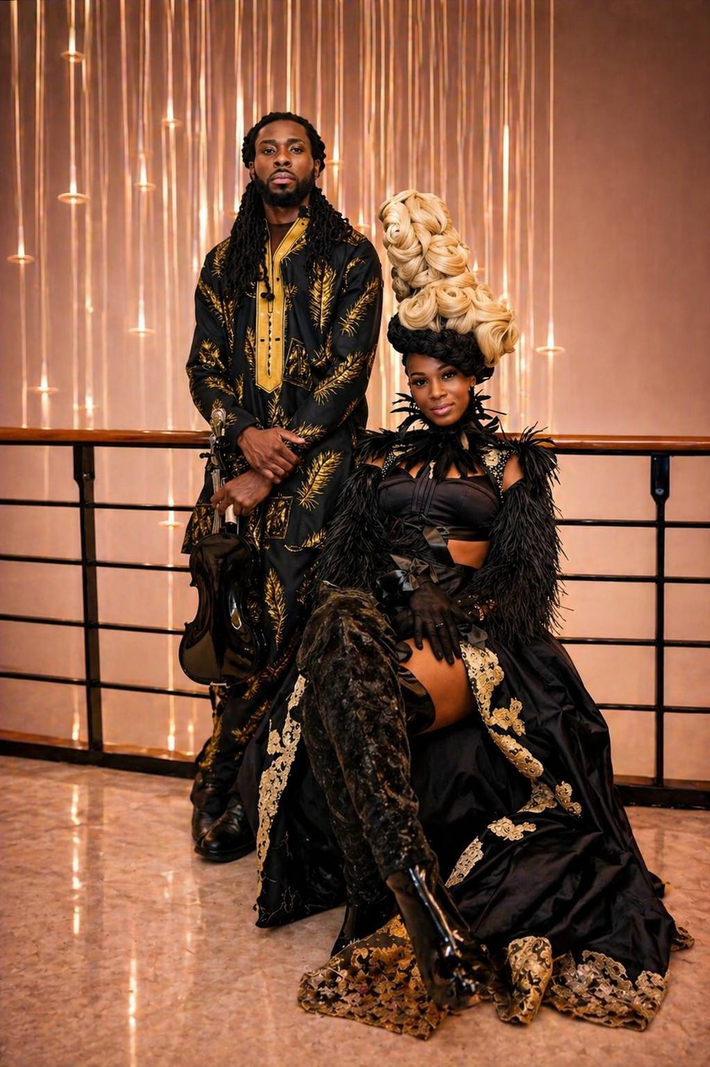 A man and woman in elaborate black and gold fashion poses together on a balcony with a warm-toned, lit background. The woman has an intricate, high, curled hairstyle and wears a dramatic, black, feathered dress with gold embroidery, gloves, and high 