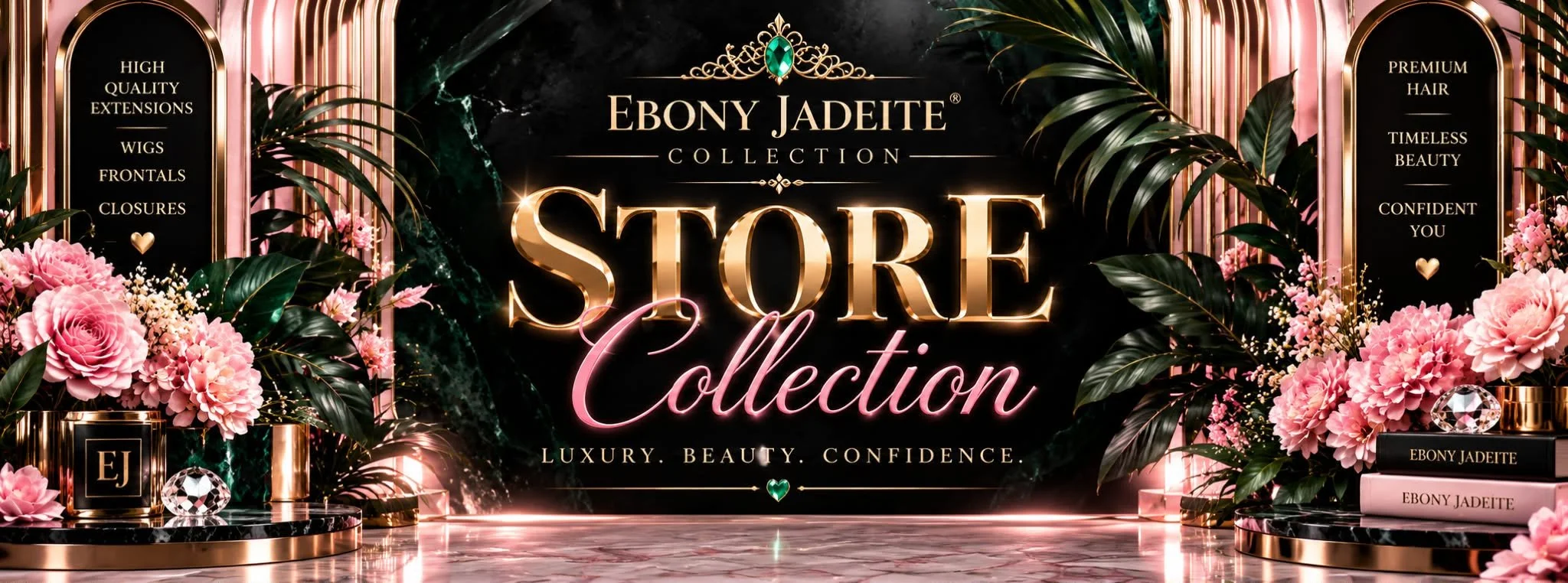 A luxurious store display for the Ebony Jadeite Collection featuring pink flowers, dark green foliage, and gold accents. The central text says 'Store Collection' with gold and pink lettering, surrounded by promotional banners on each side highlighting products like extensions, wigs, frontals, closures, and premium hair. The display includes elegant decorative elements like a diamond, gold jars, and a black marble background.