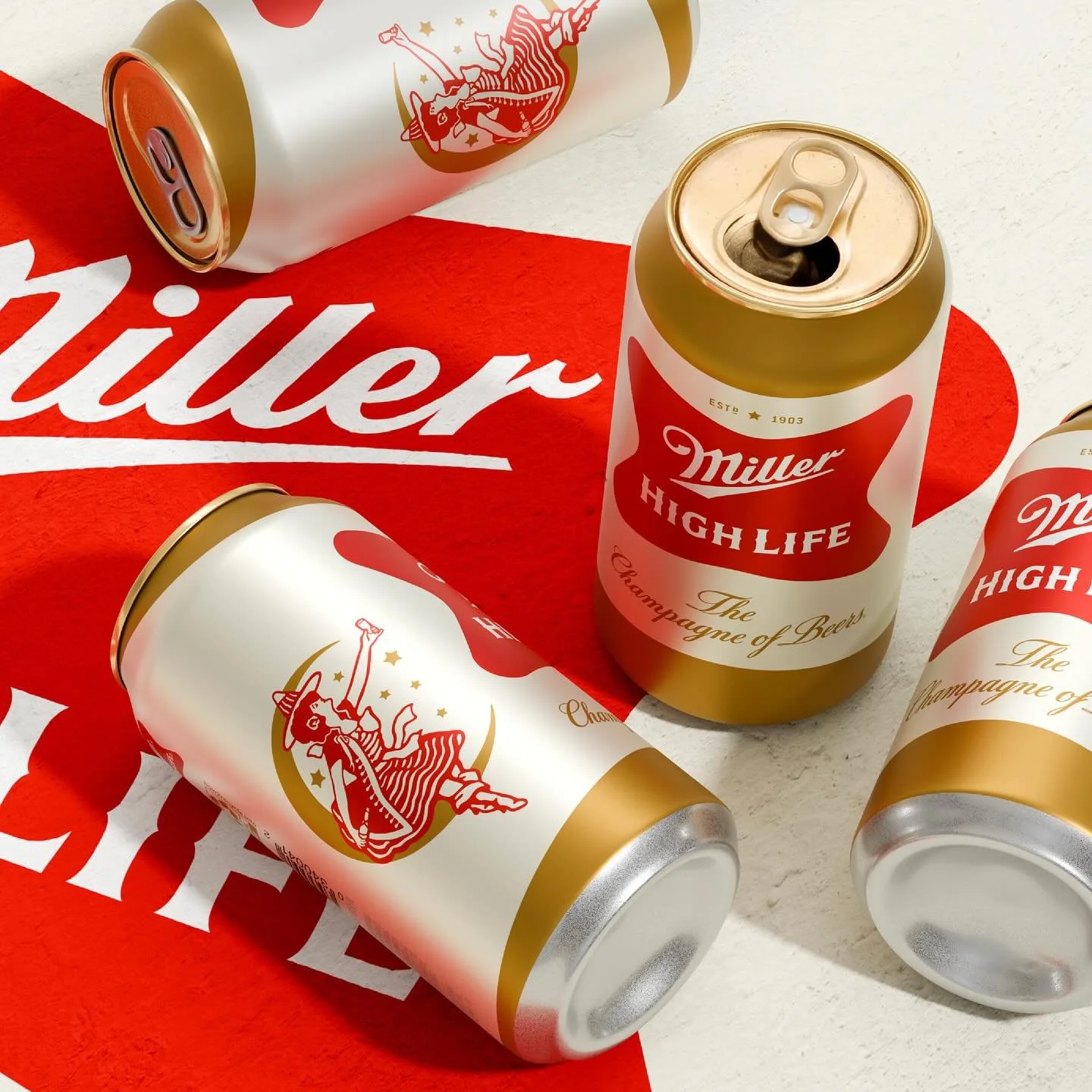 Four Miller High Life beer cans with red and gold labeling, placed on a red Miller-branded cloth on a white surface.